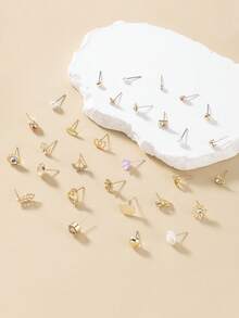 30pcs Assorted Women's Fashion Earrings Set, Metal Faux Pearl, Cute Flower, Heart, Square, Geometric, Rhinestone, Casual Everyday Wear Jewelry Gift - Multicolor - View 3