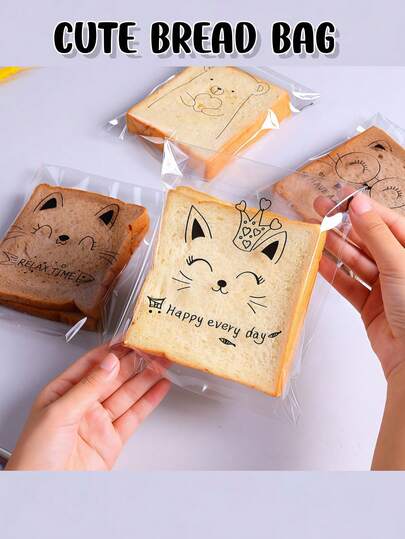100个可爱面包袋，可重复密封，卡通面包袋，礼品袋，食品容器，三明治袋，面包储存袋，烘焙袋，帕尼尼袋，厨房配件，食品储存容器，三明治袋，面包储存袋，面包，面包袋