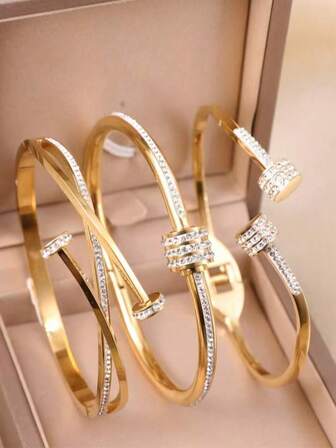 1 pieza/3 piezas Pulsera de acero de titanio, con incrustaciones de circonita de lujo, diseño minimalista, exquisita y duradera