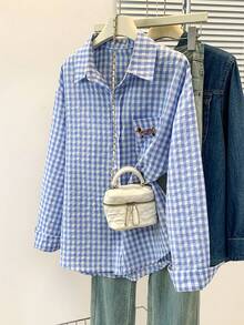 Spring Plaid Shirt With Dachshund Embroidery Pocket Casual Top - Light Blue - View 5