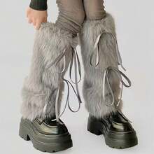 15.7in Bow Fluffy Leg Warmers, Y2K Warm Faux Fur Furry Leg Warmers Women, Winter Fuzzy Long Boot Cuff Covers - 白色 - 查看 7