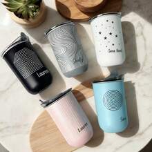 双层隔热304不锈钢咖啡牛奶杯，带盖 - 不锈钢材质，适用于冷热饮品