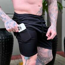 Kit Of 2 Men's 2-In-1 UV Sports Shorts, DryFit, For Gym, Training, Running, Cycling - 套件 2 黑綠 - 查看 2