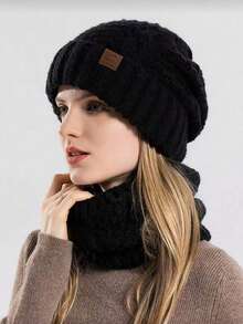 1 Set Black Winter European And American Style Knitted Hat And Scarf Set For Women, Thick Ear Warmer Beanie, Outdoor Cycling Casual Accessory