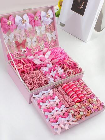534pcs Cute Pink Girly Hair Accessories Set, Rhinestone Bow, Sequin Butterfly Hair Clips, Ribbon Hair Pins, Y2K Star BB Clips, Flower Hair Scrunchies, Rabbit Ear Hair Ties, Elastic Lace Hair Bands, Towel Rings & TPU Hair Ties, For Daily Wear & Party
