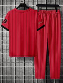 Men's Racing Style Numeric & Letter Print Short Sleeve T-Shirt And Drawstring Waist Casual Pants Set - Multicolor - View 2