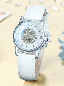 T-WINNER 1件装优雅商务镂空女士腕表，夜光指针，时尚休闲自动机械女表，顶级品牌奢华腕表，礼品之选 - 白色 - 查看 3