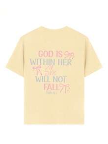 这款少女“神在她里面，她必不跌倒（诗篇 46:5）”标语印花T恤，面料柔软舒适，适合女孩旅行、度假、户外运动、日常穿着、休闲出行等场合，是春夏时尚少女休闲百搭上衣的理想之选！ - 杏色 - 查看 4
