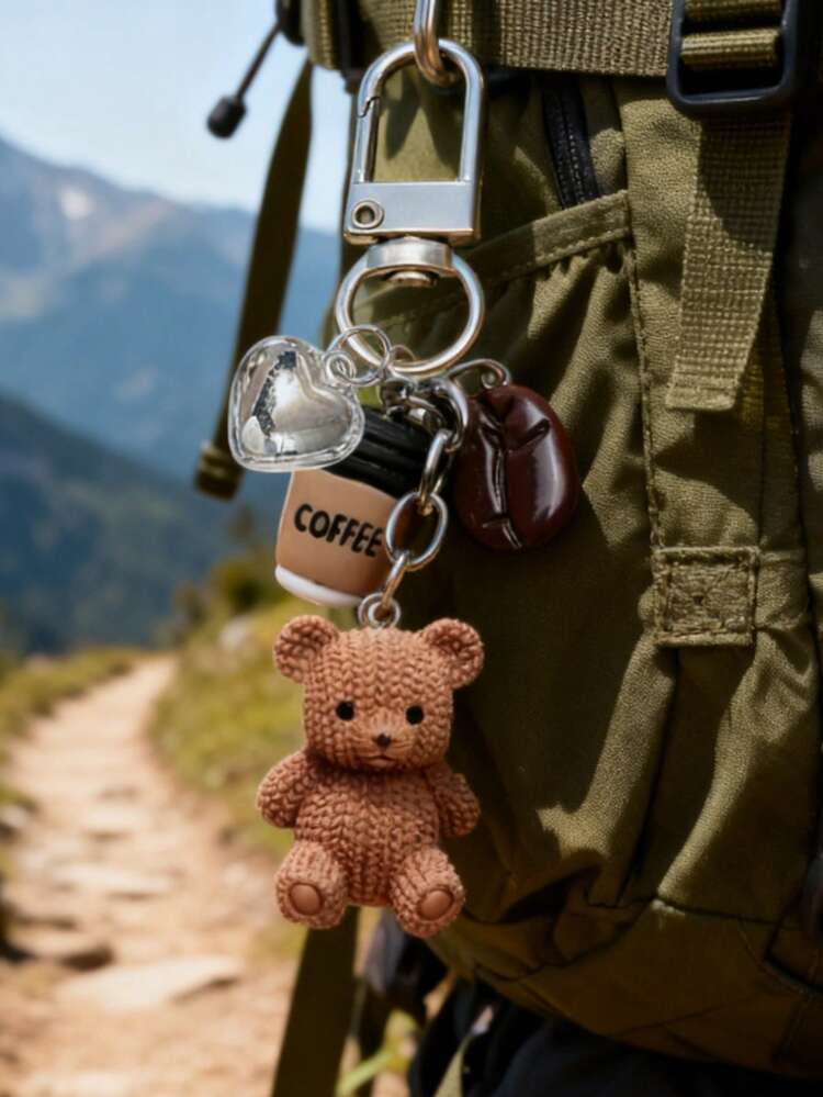 1pc Coffee Teddy Bear Keychain Pendant, Cute And Unique Bag Accessory! This Pendant Includes A Knitted Teddy Bear, A Mini Coffee Cup, A Coffee Bean, And A Shiny Heart-Shaped Charm, Made Of Mini Resin Material, A Fashionable Women's Accessory, Can Be Used As A Home Key Chain, Bag Decoration, Earphone Pendant, Or Phone Case Charm. - Multicolor - View 9