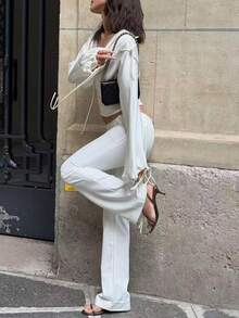 女士纯色梭织面料扭结荷叶边抽绳V领系腰上衣，适合秋冬季约会穿着 - 杏色 - 查看 4