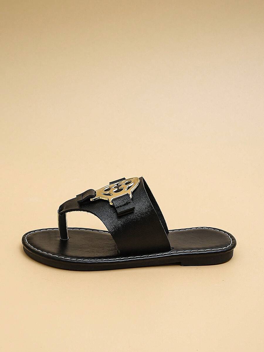 2025 New Kids Slippers, Suitable For Boys And Girls: Black & Gold Metal Buckle Anti-Slip Soft Bottom Flip Flops, Luxurious Casual Style, Suitable For Home Wear, Beach Play And Summer Outdoor Activities. Fit For Children Aged 3-12!