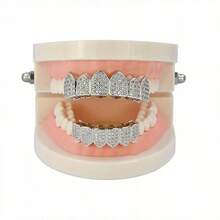 2pcs Gold Plated Crystal Rhinestone Tooth Jewelry Decals, Top & Bottom Teeth With Embedded Gems - Multicolor - View 9