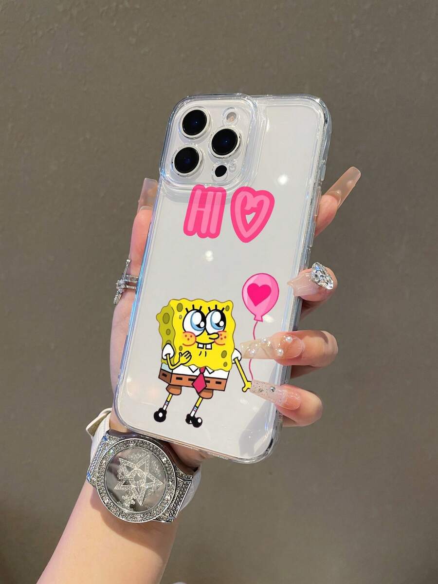SpongeBob SquarePants 1pc Transparent Space Case Cartoon SpongeBob Heart Balloon Letter Pattern Perforated Anti-Drop Phone Case Protective Cover Suitable Compatible With Samsung/Apple 17/16/15/14/13/12/11Pro Max/12Pro/14Plus And Other Models - Multicolor - View 1