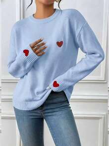 Nuevo suéter de moda 2025 para mujer con diseño de corazón del Día de San Valentín y hombros caídos. Es un versátil jersey de cuello redondo de manga larga, con un diseño elegante, suave y transpirable, adecuado para la temporada de otoño/invierno y el uso diario. - Azul - Ver 4