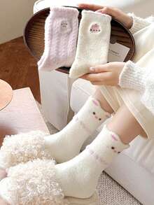 1双/2双/4双装加厚保暖睡眠袜，可爱提花图案，柔软舒适，中筒袜，女士款，适合居家穿着，秋冬季