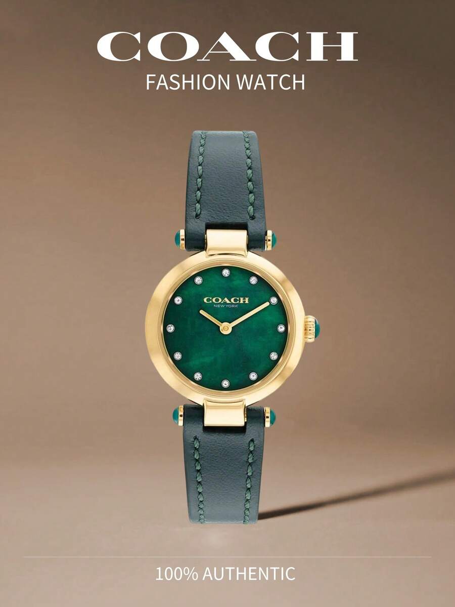 Coach 女士石英腕表，绿色可调节皮革表带，金色圆形表壳，女士礼物模拟手表，钻石珍珠贝母表盘，14503951 - 綠色 - 查看 1