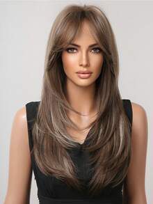 22 Inch Long Straight Synthetic Wig With Gray Base And Brown Highlights, Natural Appearance, Heat Resistant, Suitable For Women's Daily Wear, Parties And Fashion Styling - 彩色 - 查看 3