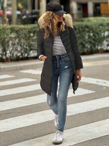 ASANDY Women's Fall Winter Mid-Length Padded Coat - Oversized Fur Hood Parka - Black - View 4