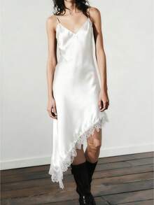 Women Lace Satin Cami Dress Y2k Spaghetti Strap V Neck Silk Midi Dress Asymmetrical Hem Slip Dresses For Party Club - 白色 - 查看 1