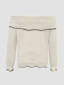 Women's Gentle Off-Shoulder Contrast Trim Long Sleeve Pullover Sweater