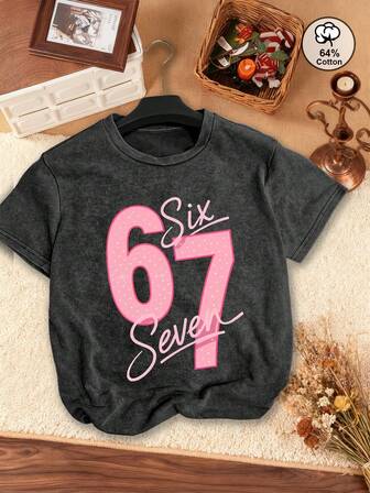 Women's Casual Short-Sleeve Crew Neck Top, Fun 67 Joke T-Shirt - Pink And White Retro Number, 60s/70s Design With 67 Pattern, Suitable For Summer Wear By Those Born In 1967 And 1977.
