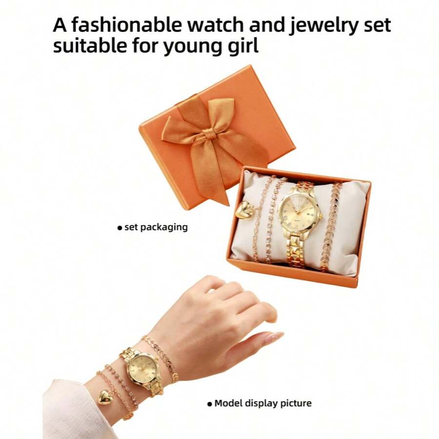 Starlight Luxury Set Outlines Elegance With Sparkling Star-Inspired Details. Crafted From Stainless Steel (Watch) And Gold-Plated Bracelet, It Features A Delicate Premium Luster, Scratch-Resistant And Durable For Daily Wear.