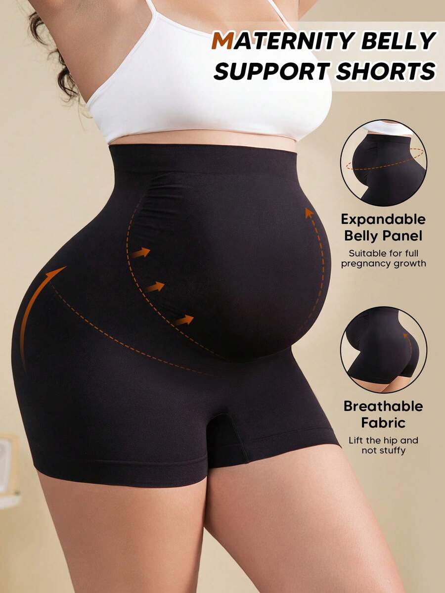 Women's High Waisted Maternity Belly Support Shorts With Expandable Belly Panel - Black - View 1