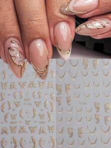 金色闪光叶子、蝴蝶和花朵美甲贴纸，秋季Y2K字母、叶子、花朵和蝴蝶美甲贴花，金色法式线条美甲贴纸，适合女性和女孩DIY美甲沙龙使用 - 彩色 - 查看 16