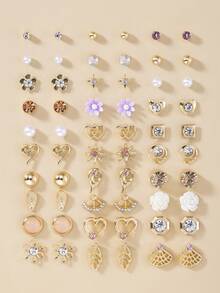 30pcs Assorted Women's Fashion Earrings Set, Metal Faux Pearl, Cute Flower, Heart, Square, Geometric, Rhinestone, Casual Everyday Wear Jewelry Gift - Multicolor - View 6
