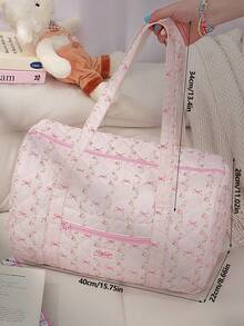 1Pc Large Capacity Travel Bag Lightweight Luggage Bag Fashion Floral & Bow Print Quilted Korean Ins Style Ditsy Handheld Crossbody Boston Bag Duffel Bag Girls Weekend Bag Short Trip Tote Bag Girls Travelling Bag Shoulder Bag Girls Sport Bag, Mummy Bag, Yoga Bag Multi-Functional Handbag Suitable For Ladies And Girls, Mom Gifts, New Year Gift, Back To School Gifts - Hồng - Xem 6