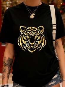 Goldenes Tiger-Gesicht T-Shirt für Männer Frauen Kinder T-Shirt Frauen T-Shirt Grafik T-Shirts Crop Tops Outfits Tops T-Shirt - Schwarz - Übersicht 8