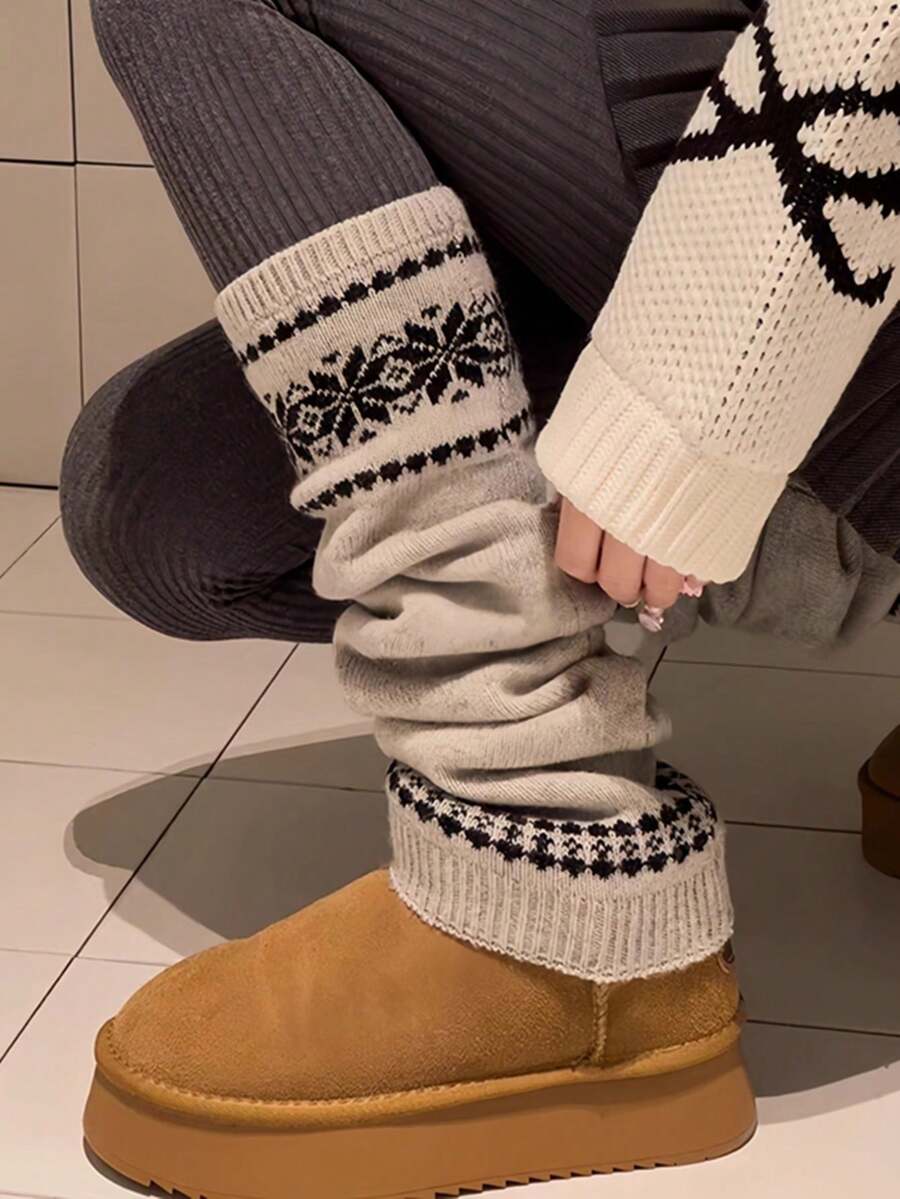 1 Pair Japanese Style Leg Warmers, Women's Thick Snowflake Knit Leg Warmers, Versatile For Autumn/Winter