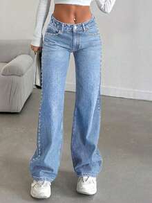 Women's Straight Leg Jeans With Studded Details Mid Rise Non-Stretch Denim Pants - 淺色水洗藍 - 查看 3