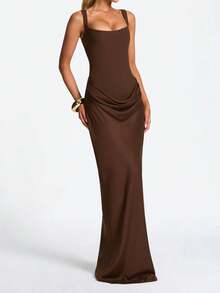 Elegant Women's Brown Sleeveless Knit Maxi Dress, Draped Details, Pencil Dress, Open Back Design Party - Brown - View 5