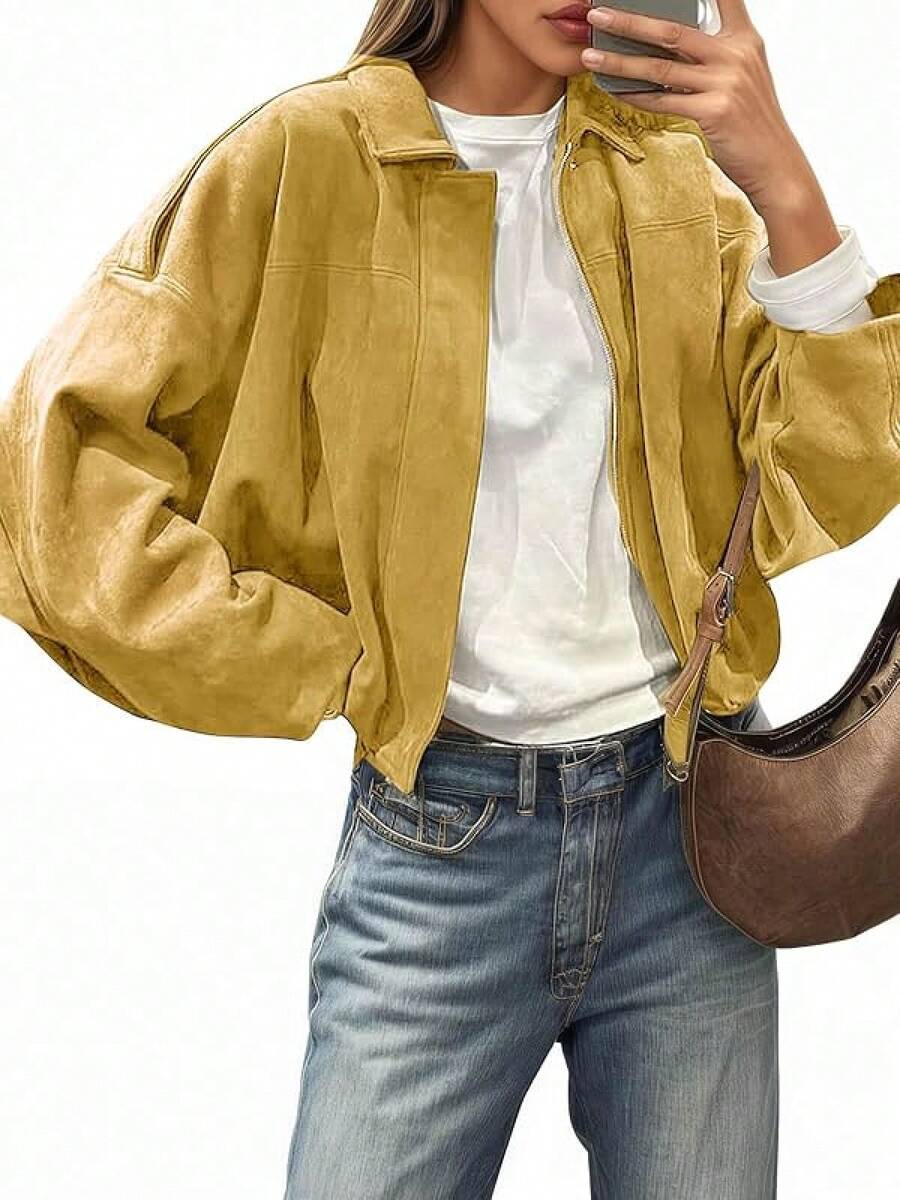 Womens Faux Suede Bomber Jackets Oversized Cropped Zip Up Lapel Coats Fall 2025 Casual Outerwears - 黃色 - 查看 1