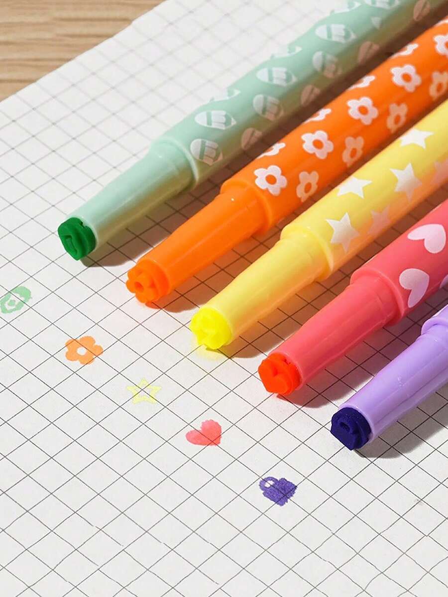 5pcs Mixed Colors Highlighter Pens, Quick-Drying Outline Marker Pen, Cute Wave Shape Fluorescent Pen, Suitable For Student And Crafts Outline Marking, Curved Highlighter Pen Back To School