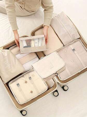 9pcs Multi-Color Travel Organizer Bags Set, Travel Essentials, Summer Vacation Packing Cubes, Detachable Makeup Brush Bag, Portable Travel Luggage Organizer Bags, Clothes & Shoes Storage Bags, Unisex Travel Organizers