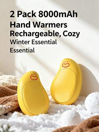 2个装8000mAh可充电暖手宝，3档温度调节，2秒快速加热，黄色USB便携式口袋暖手宝，男女皆宜的圣诞礼物，适合滑雪、露营等户外活动
