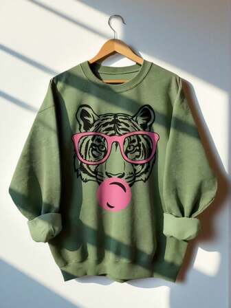 Sudadera de cuello redondo con estampado de tigre para mujer, estilo casual y versátil para vacaciones, adecuado para uso diario, moda de otoño/invierno