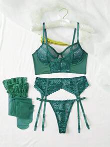 4-Piece Sexy Series Hollowed Out Straps Lace Bow Ladies Sexy Underwear Set,Christmas Lingerie,Christmas Lingerie Women,Lingerie For Women,Lencería Erótica De Mujer,Lingerie Set,Christmas Outfit Women,Lingerie For Women Roleplay,Lingerie For Women>Costume,Sexy Lingerie - Màu xanh lá cây đậm - Xem 5