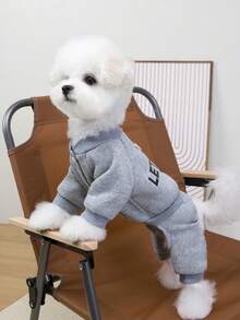 LET'S GO Letter Fleece Pet Sweatshirt With Four Legs, Warm Dog Cat Clothes In Pink/Grey/Beige, Crew Neck Pullover With D-Ring Traction, Elastic Cuffs, All Seasons Apparel For Small & Medium Breeds (Teddy/Bichon/Chihuahua) & Cats - Multicolor - View 5