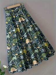 Women's Casual Dinosaur & Plant Print A-Line Skirt, Spring/Summer