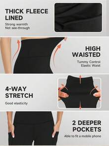 Plus Size Leggings With Pockets High Waisted Velvet Solid Color Black Leggings, Yoga Pants Gym & Winter High Waist Thermal Lined Leggings - màu đen - Xem 6