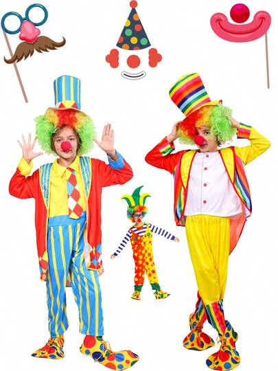 Children's Funny Clown Costume Set (Including Hat, Clothes), Suitable For Carnival Party Dress Up, Not Including Props, Colorful Wig, Glasses, Red Nose, Clown Shoes