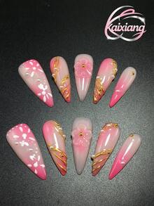 Each Set Includes 10 Pieces Of Handcrafted Y2K Fine Stiletto Press-On Nails With French Design, Adorned With Rhinestones, Dots, Stripes, And Bow Decorations. Available In Multiple Tones And Nude Shades. Three Sizes For A Perfect Fit, Suitable For Christmas, Parties, Galas, And Daily Wear. Comes With A Nail Tool Kit, Making It An Ideal Gift For Women And Girls. - Multicolor - View 1