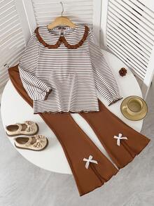 Tween Girls Back To School Striped Ruffle Collar Long Sleeve Top + Solid Color Bow Decor Flared Pants Set, School Uniform - Brown - View 2