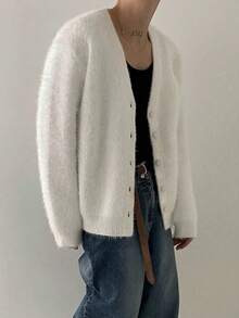 男士V领宽松针织开衫，韩版简约百搭，适合圣诞节、新年等场合，长袖上衣 - 白色 - 查看 2