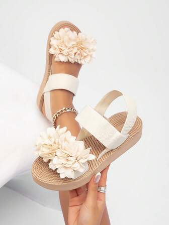 春夏新款弹力带女士凉鞋，米色时尚拖鞋，3D立体花卉女士凉鞋，经典沙滩度假风女鞋，别致中东/欧洲风情凉鞋