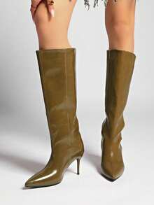 Nuevas botas de tacón alto de punta fina de gamuza para mujer en otoño, botas de tacón de gatito, para fiesta - Verde Oscuro - Ver 6