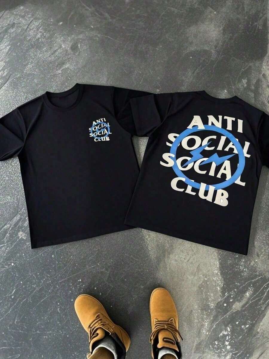 Anti Social Club Lightning Bolt 1pcs Men's 100% Cotton Tee Streetwear Double Sided Digital Printed 220g T Shirt Casual Style Graphic TopChristmas Gift - 黑色 - 查看 1